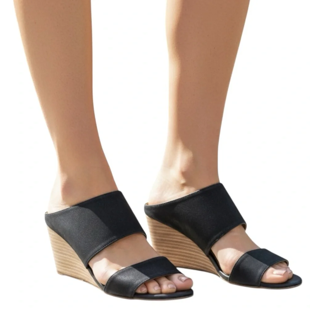 Franco Sarto Women’s Mingle Black Wedge Sandals Size 7.5 Leather Casual Party